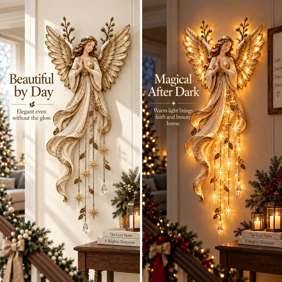 Guardian angel decor by day and illuminated at night