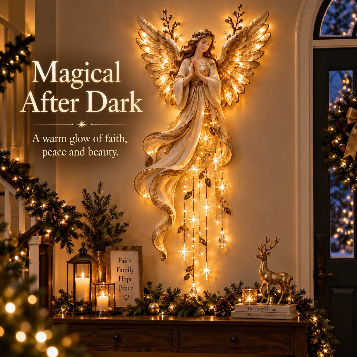 Guardian angel Christmas wall decoration with illuminated wings and cascading stars